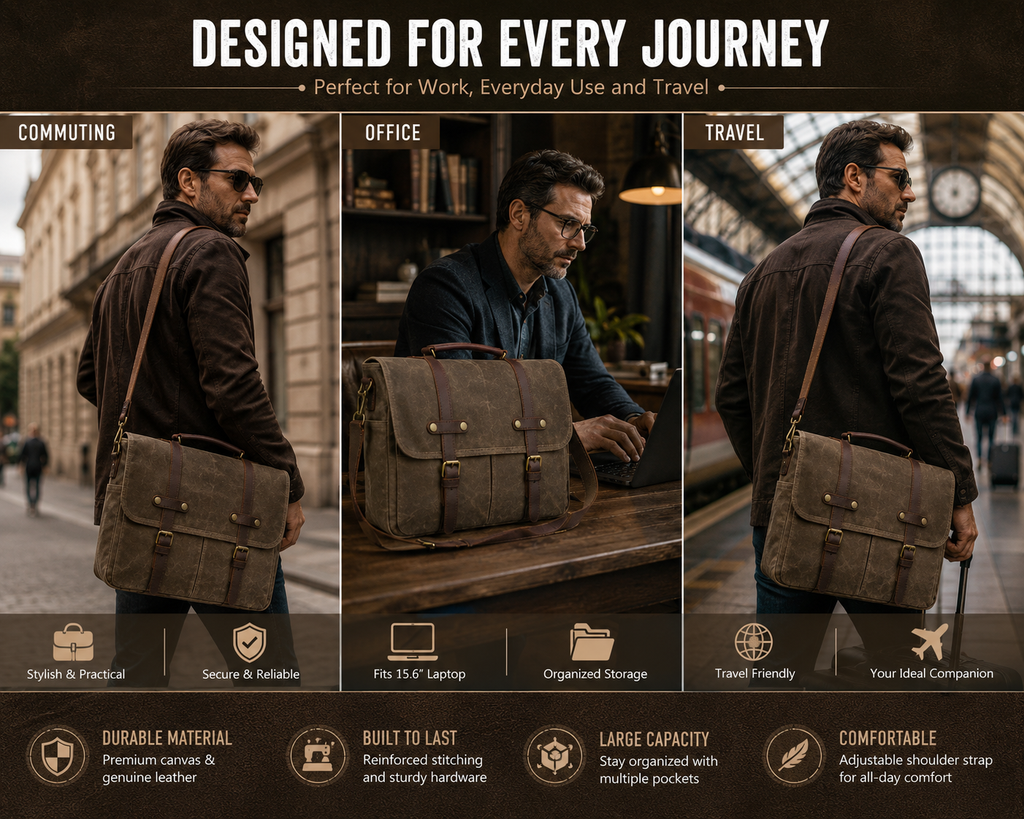 Vintage Canvas Messenger Bag – 15.6" Laptop Briefcase with Multiple Pockets