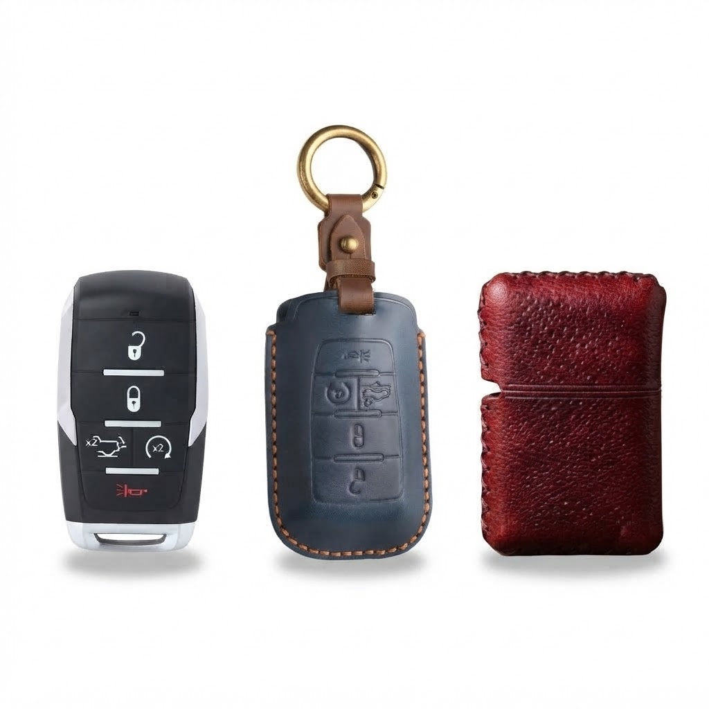OLDMENS 2-in-1 Leather Gift Set: Handcrafted Crazy Horse Leather Key Fob Cover (4, 5, 6 Buttons) & Zippo Case for Chevy GMC Yukon