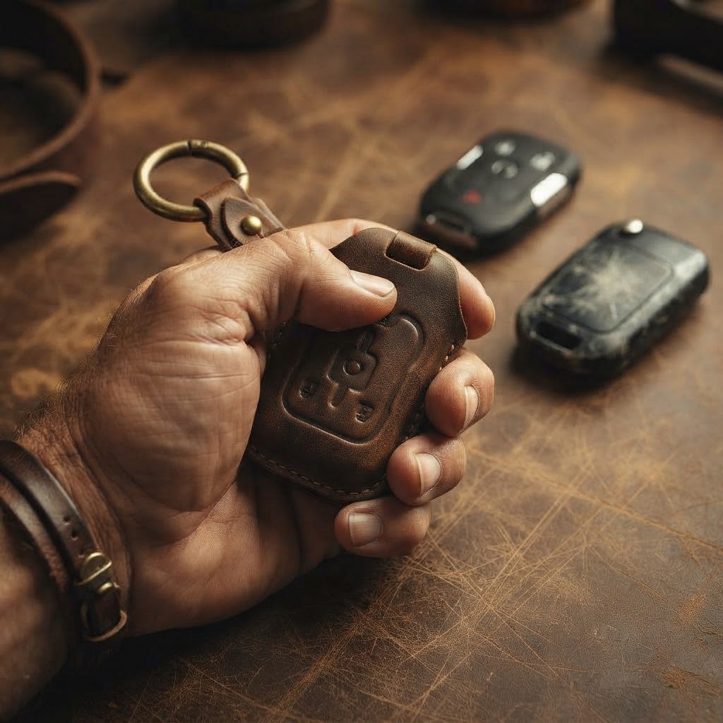 OLDMENS Handcrafted Crazy Horse Leather Key Fob Cover for Chevy Silverado, GMC Sierra & Yukon