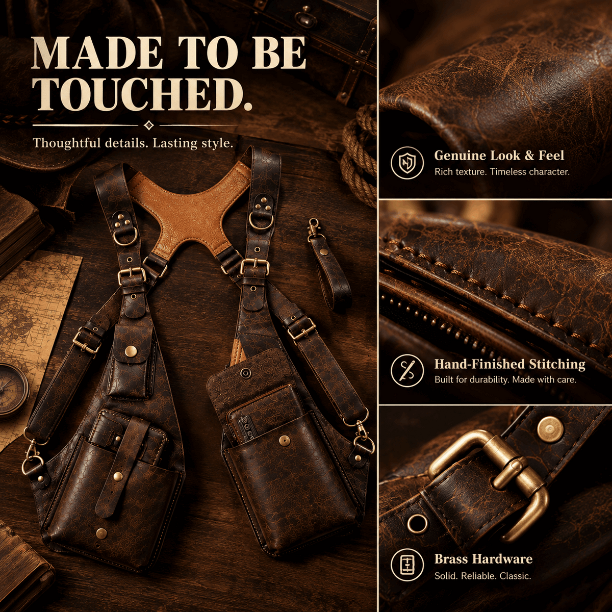 OLDMENS Vintage Leather-Style Tactical Chest Harness Bag – Multi-Pocket EDC Shoulder Rig & Steampunk Cosplay Utility Accessory