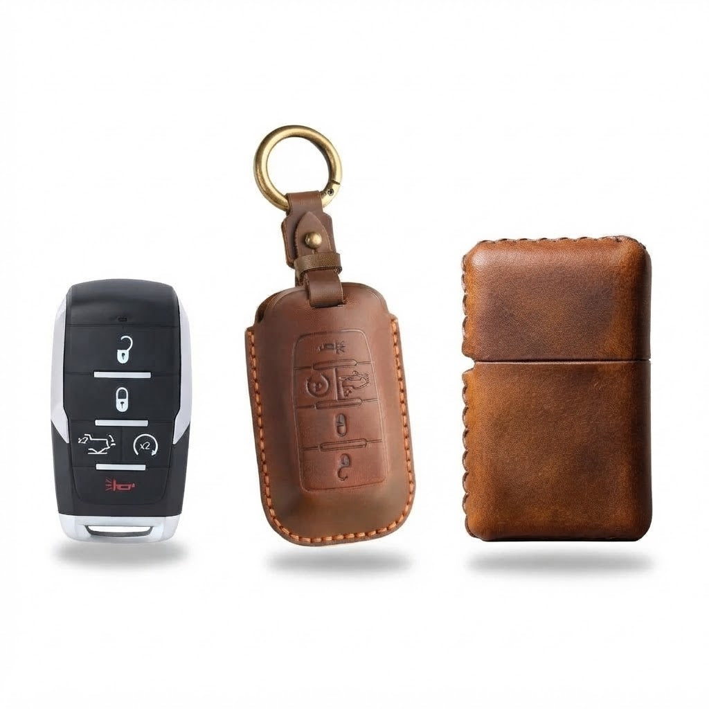 OLDMENS 2-in-1 Leather Gift Set: Handcrafted Crazy Horse Leather Key Fob Cover (4, 5, 6 Buttons) & Zippo Case for Chevy GMC Yukon