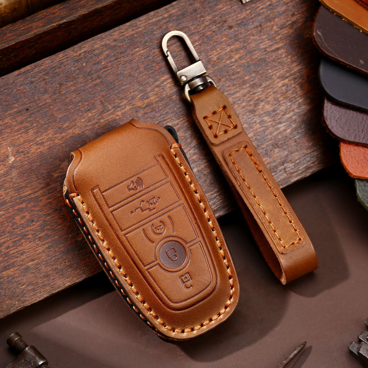 OLDMENS Handcrafted Leather Key Fob Cover for Ford F-150 & Explorer