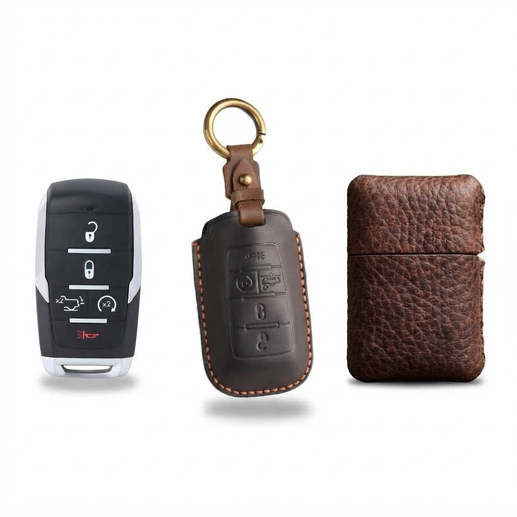 OLDMENS 2-in-1 Leather Gift Set: Handcrafted Crazy Horse Leather Key Fob Cover (4, 5, 6 Buttons) & Zippo Case for Chevy GMC Yukon
