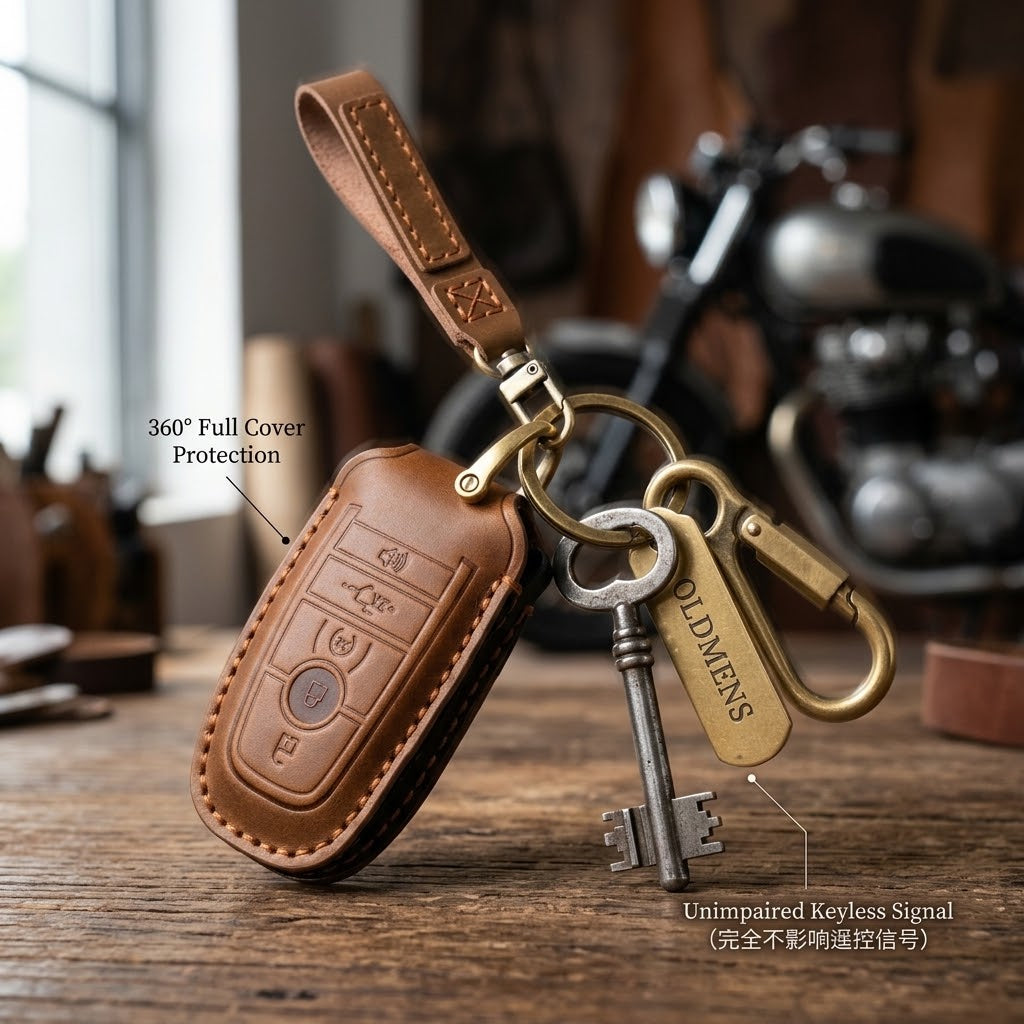 OLDMENS Handcrafted Leather Key Fob Cover for Ford F-150 & Explorer