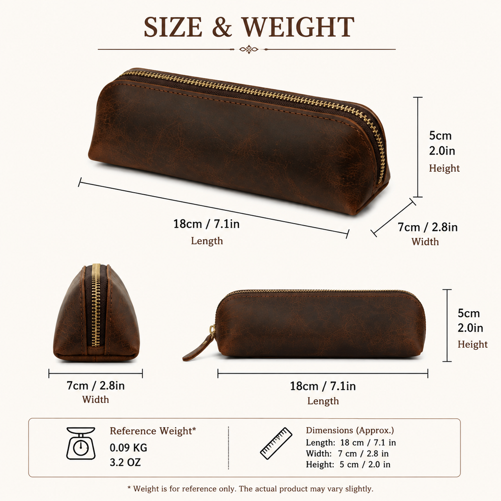 Vintage Genuine Leather Pencil Case - Handmade Retro Crazy Horse Leather Pen Pouch & Zipper Organizer