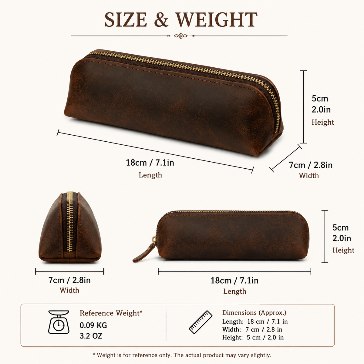 Vintage Genuine Leather Pencil Case - Handmade Retro Crazy Horse Leather Pen Pouch & Zipper Organizer