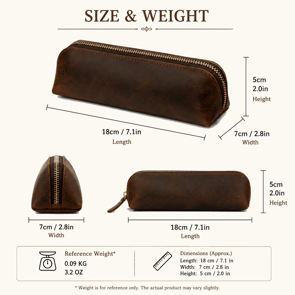 Vintage Genuine Leather Pencil Case - Handmade Retro Crazy Horse Leather Pen Pouch & Zipper Organizer
