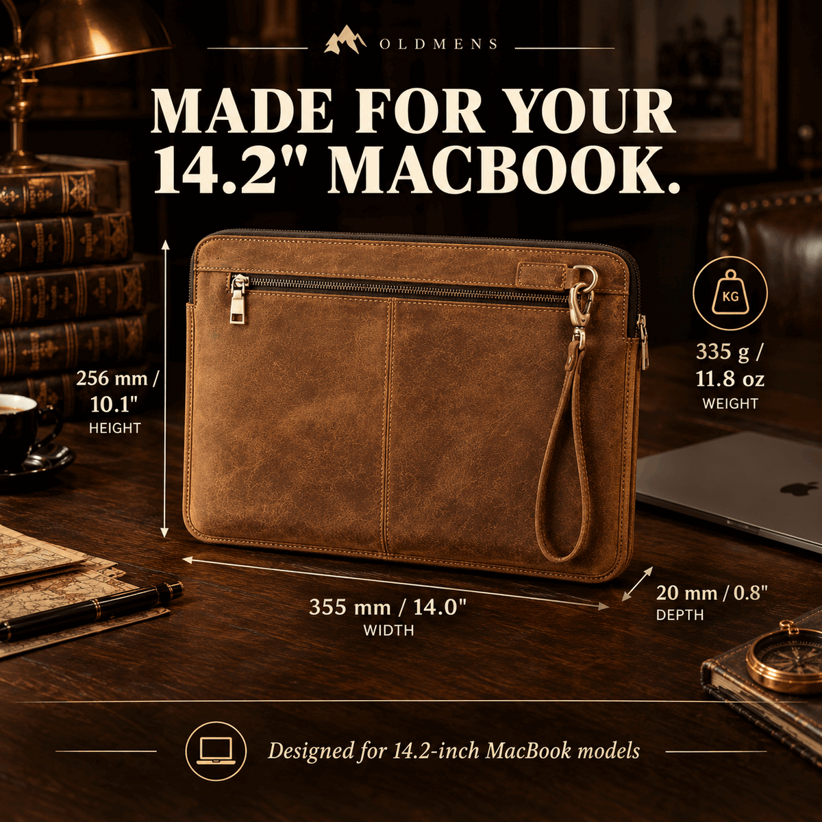 OLDMENS Vintage Crazy Horse Leather Laptop Sleeve for 14.2" MacBook Pro