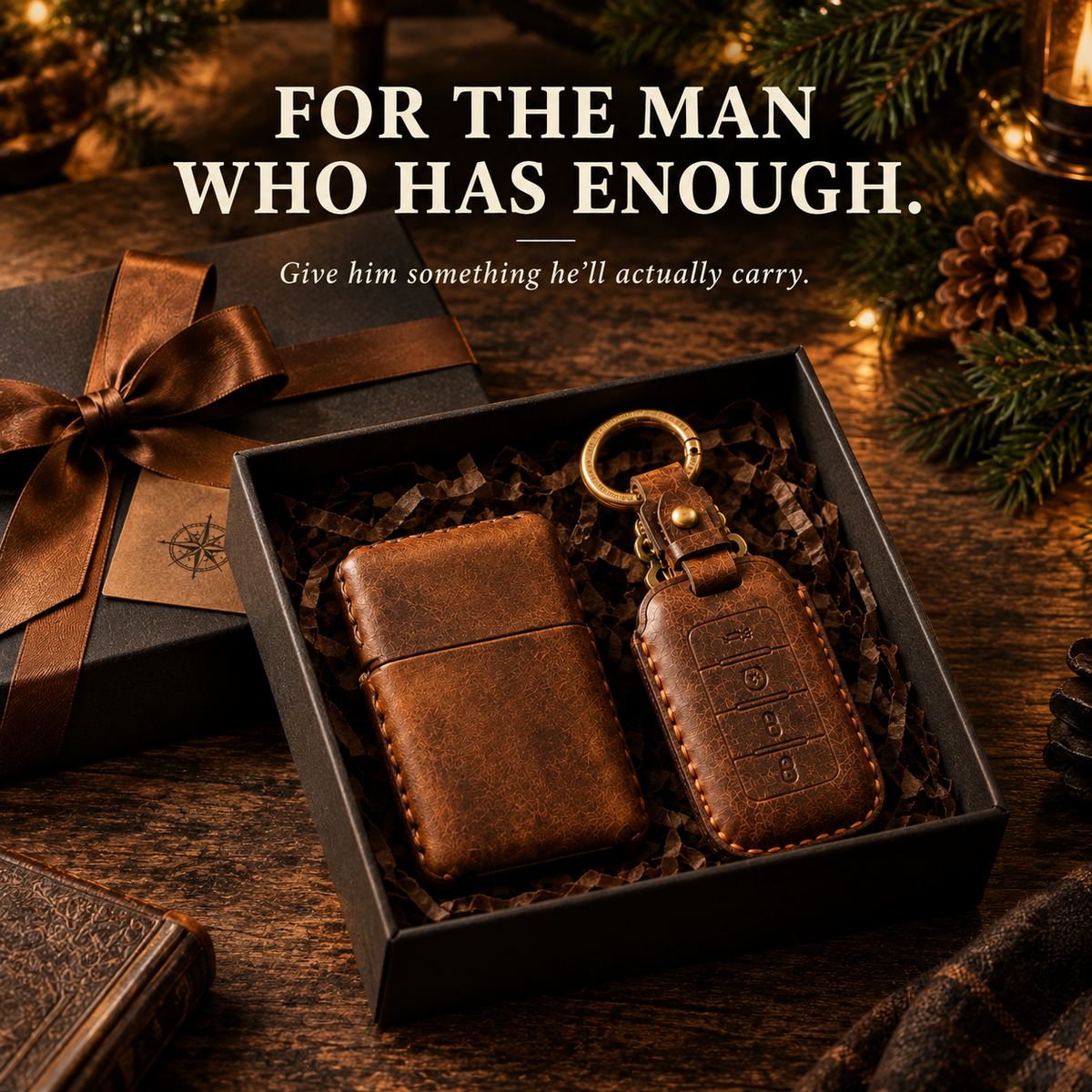 OLDMENS 2-in-1 Leather Gift Set: Handcrafted Crazy Horse Leather Key Fob Cover (4, 5, 6 Buttons) & Zippo Case for Chevy GMC Yukon