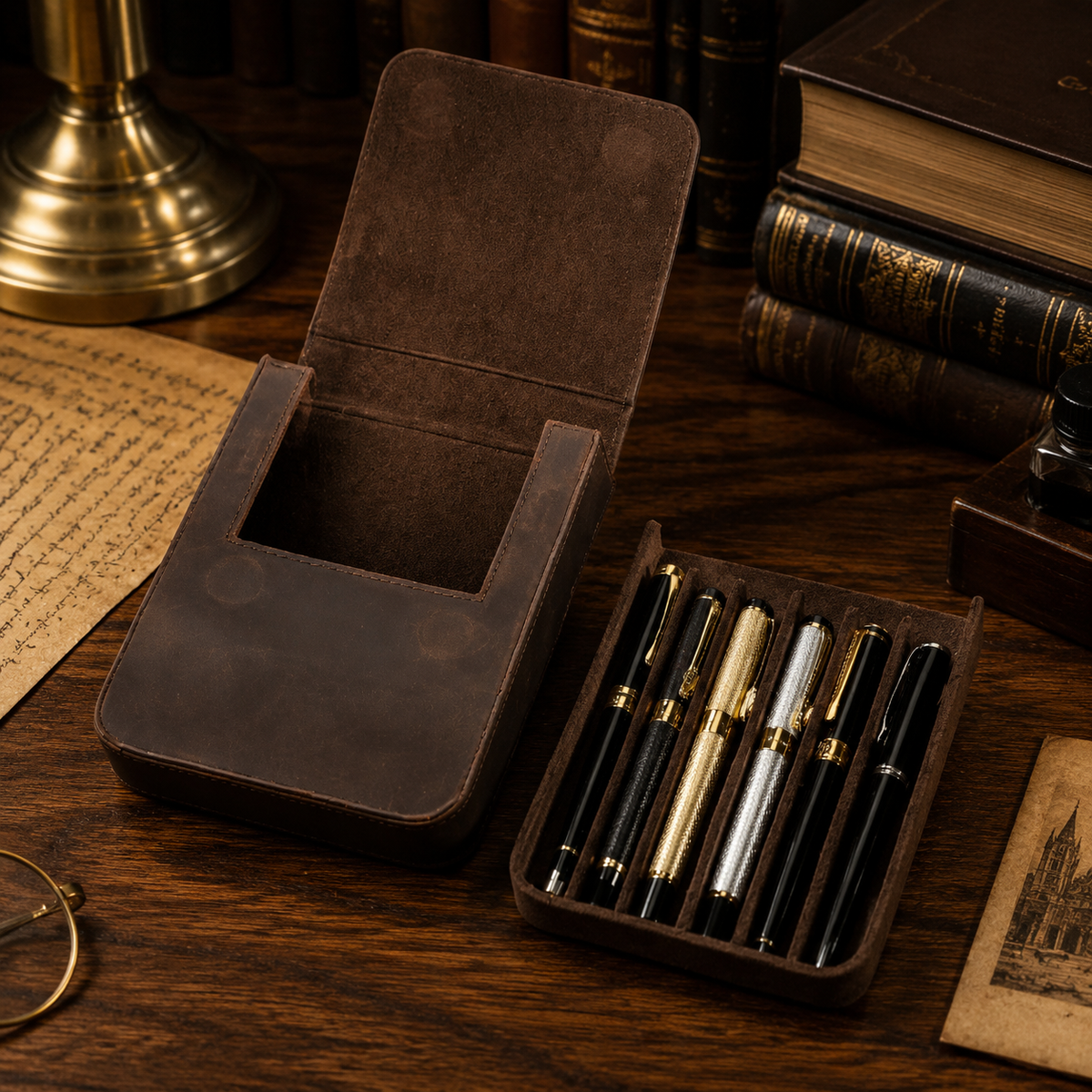 Vintage Genuine Leather Pen Case | Handmade 6-Slot Fountain Pen Organizer for Professionals & Collectors