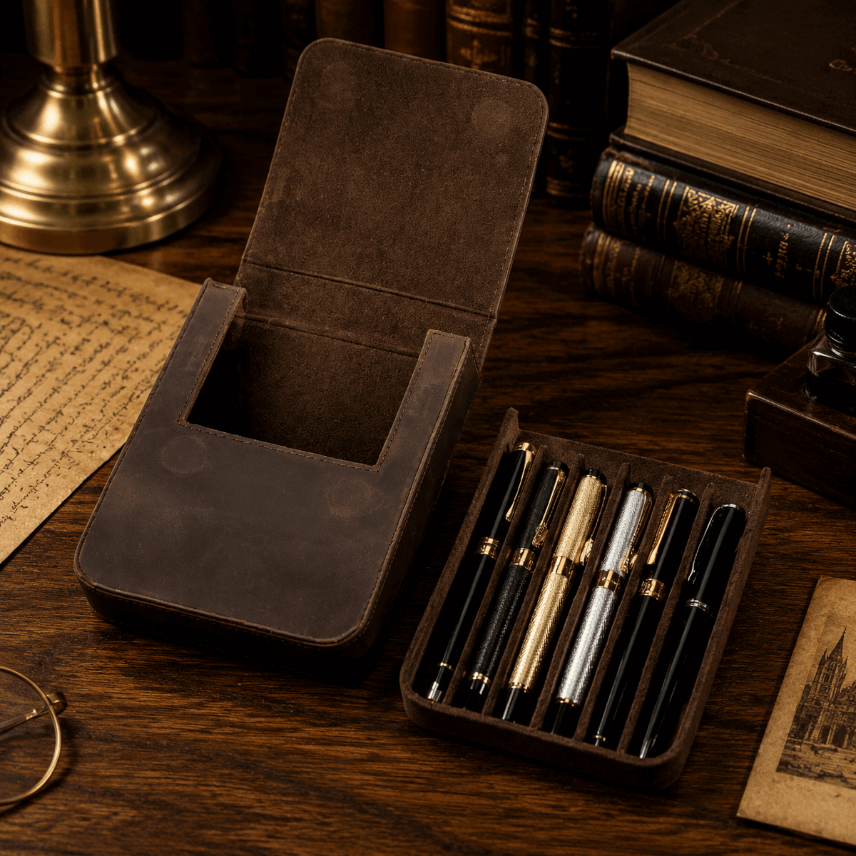 Vintage Genuine Leather Pen Case | Handmade 6-Slot Fountain Pen Organizer for Professionals & Collectors