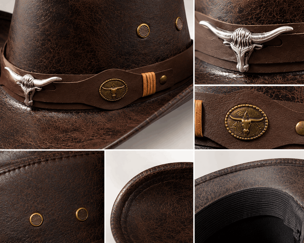 Vintage Faux Leather Western Cowboy Hat – Wide Brim Fedora for Men & Women