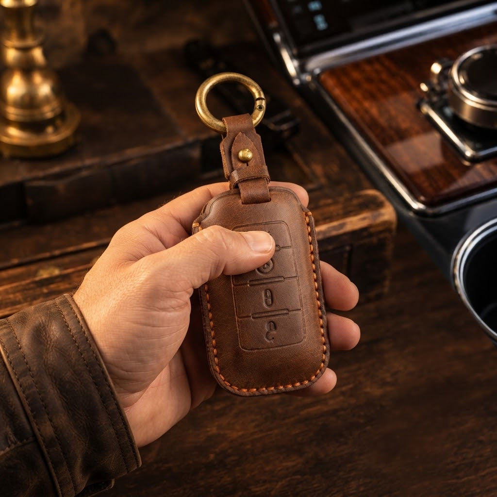 OLDMENS Handmade Crazy Horse Leather Car Key Fob Cover for GMC Dodge Ram