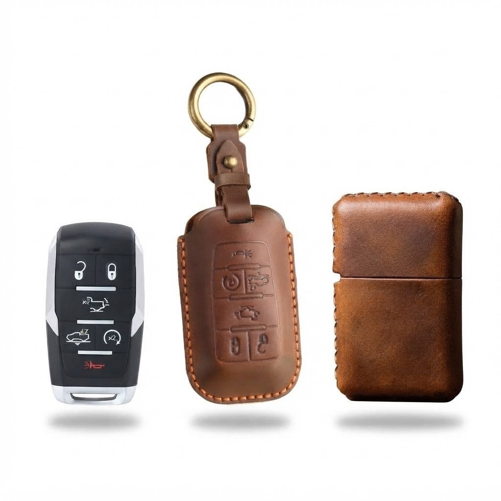 OLDMENS 2-in-1 Leather Gift Set: Handcrafted Crazy Horse Leather Key Fob Cover (4, 5, 6 Buttons) & Zippo Case for Chevy GMC Yukon