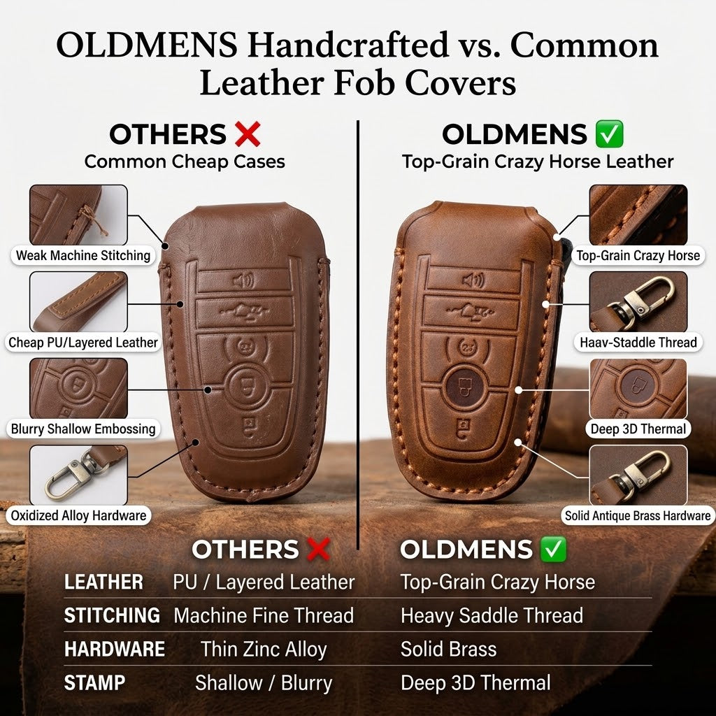 OLDMENS Handcrafted Leather Key Fob Cover for Ford F-150 & Explorer