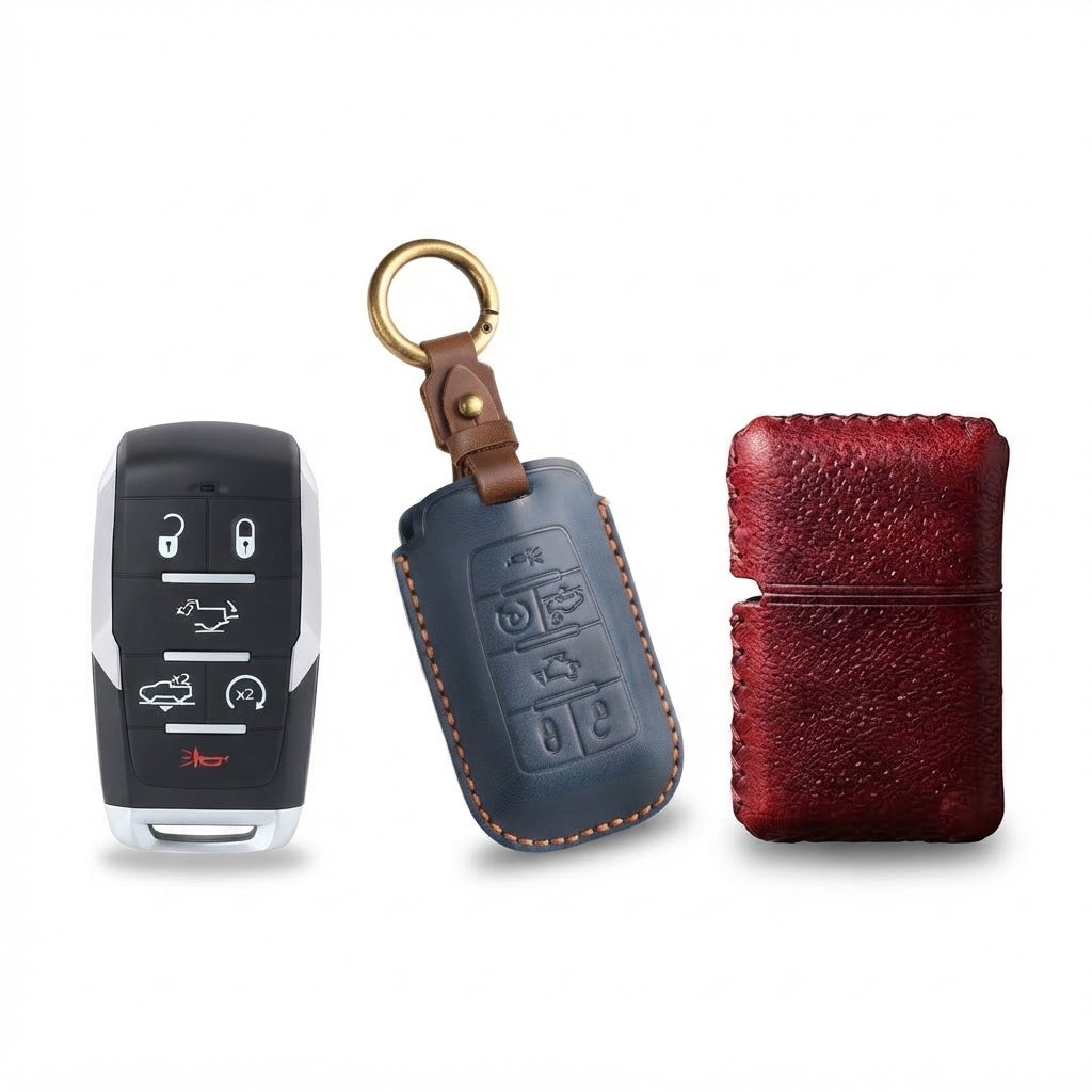 OLDMENS 2-in-1 Leather Gift Set: Handcrafted Crazy Horse Leather Key Fob Cover (4, 5, 6 Buttons) & Zippo Case for Chevy GMC Yukon