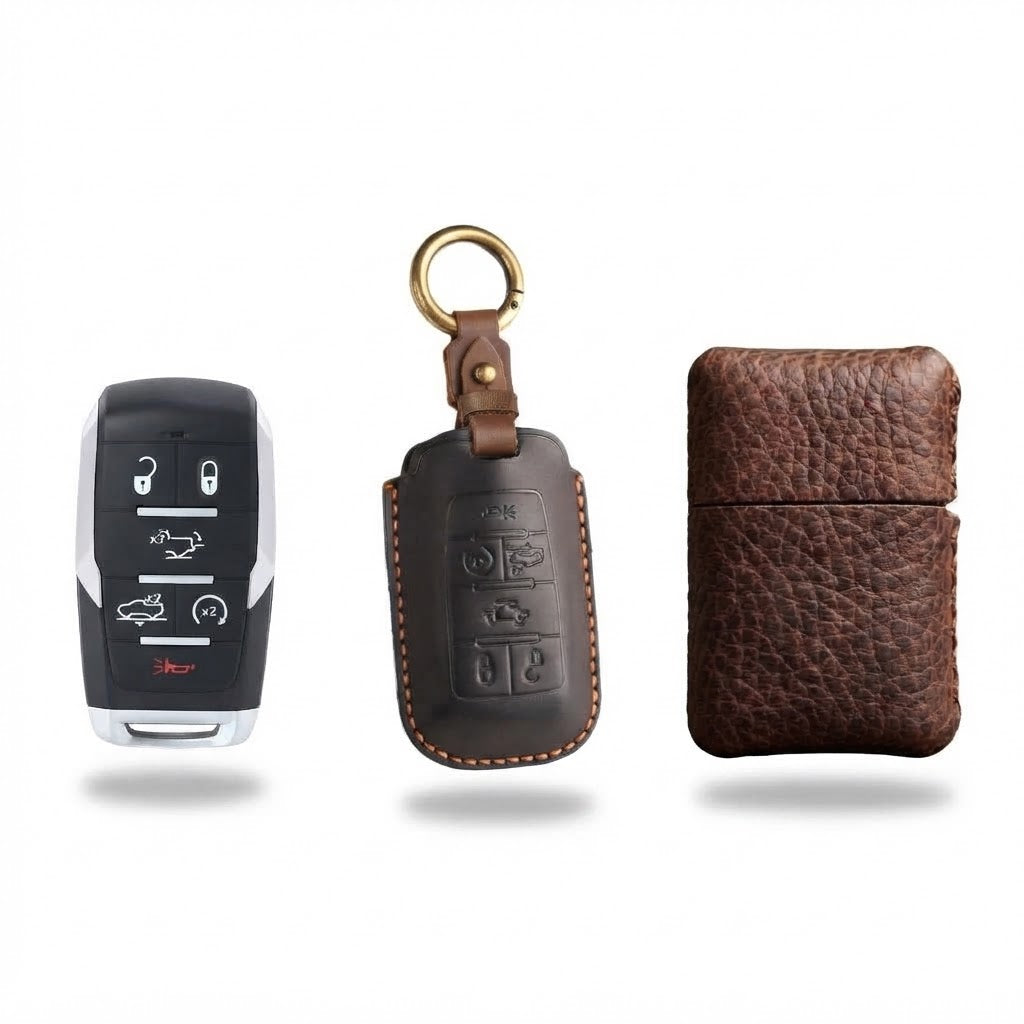 OLDMENS 2-in-1 Leather Gift Set: Handcrafted Crazy Horse Leather Key Fob Cover (4, 5, 6 Buttons) & Zippo Case for Chevy GMC Yukon