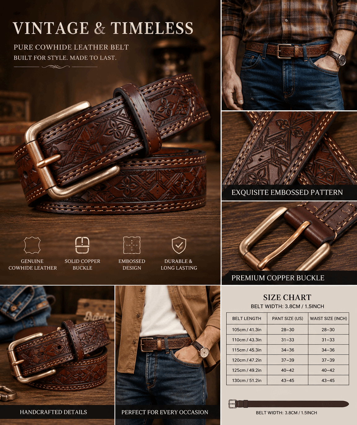 Vintage Embossed Genuine Leather Belt for Men – Western Style with Retro Brass-Tone Buckle