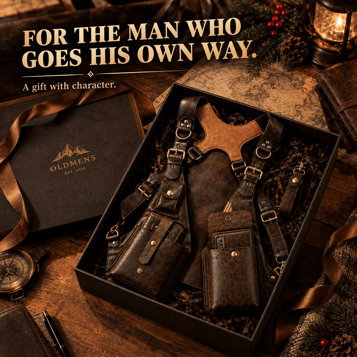OLDMENS Vintage Leather-Style Tactical Chest Harness Bag – Multi-Pocket EDC Shoulder Rig & Steampunk Cosplay Utility Accessory