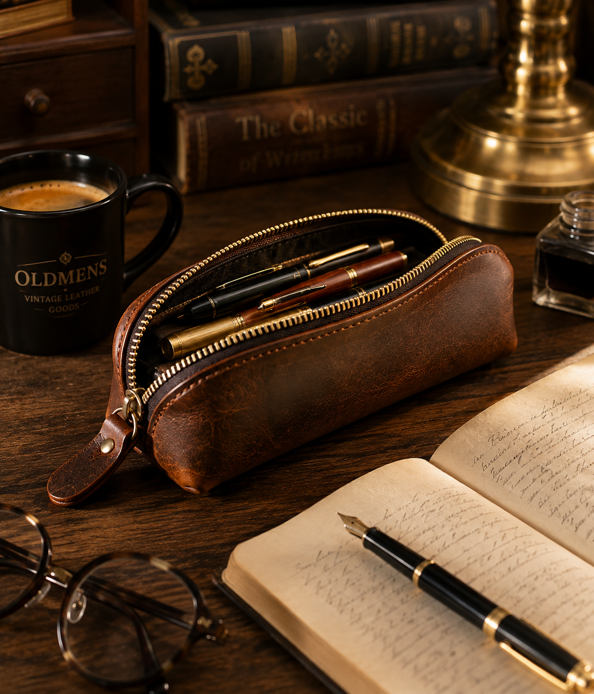 Vintage Genuine Leather Pencil Case - Handmade Retro Crazy Horse Leather Pen Pouch & Zipper Organizer
