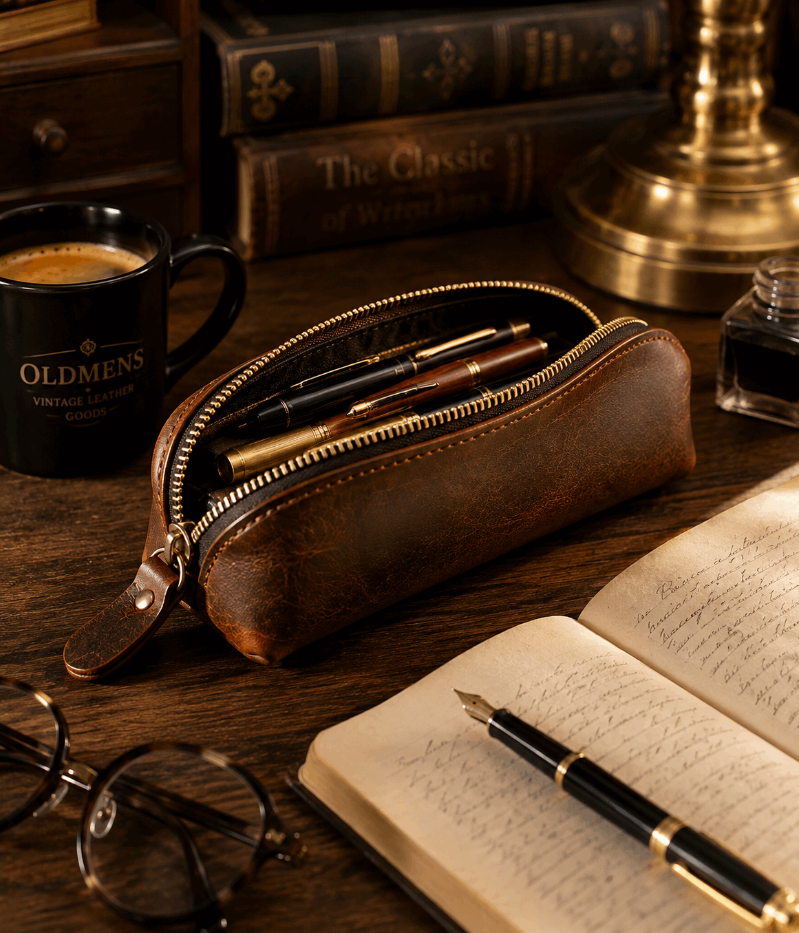 Vintage Genuine Leather Pencil Case - Handmade Retro Crazy Horse Leather Pen Pouch & Zipper Organizer