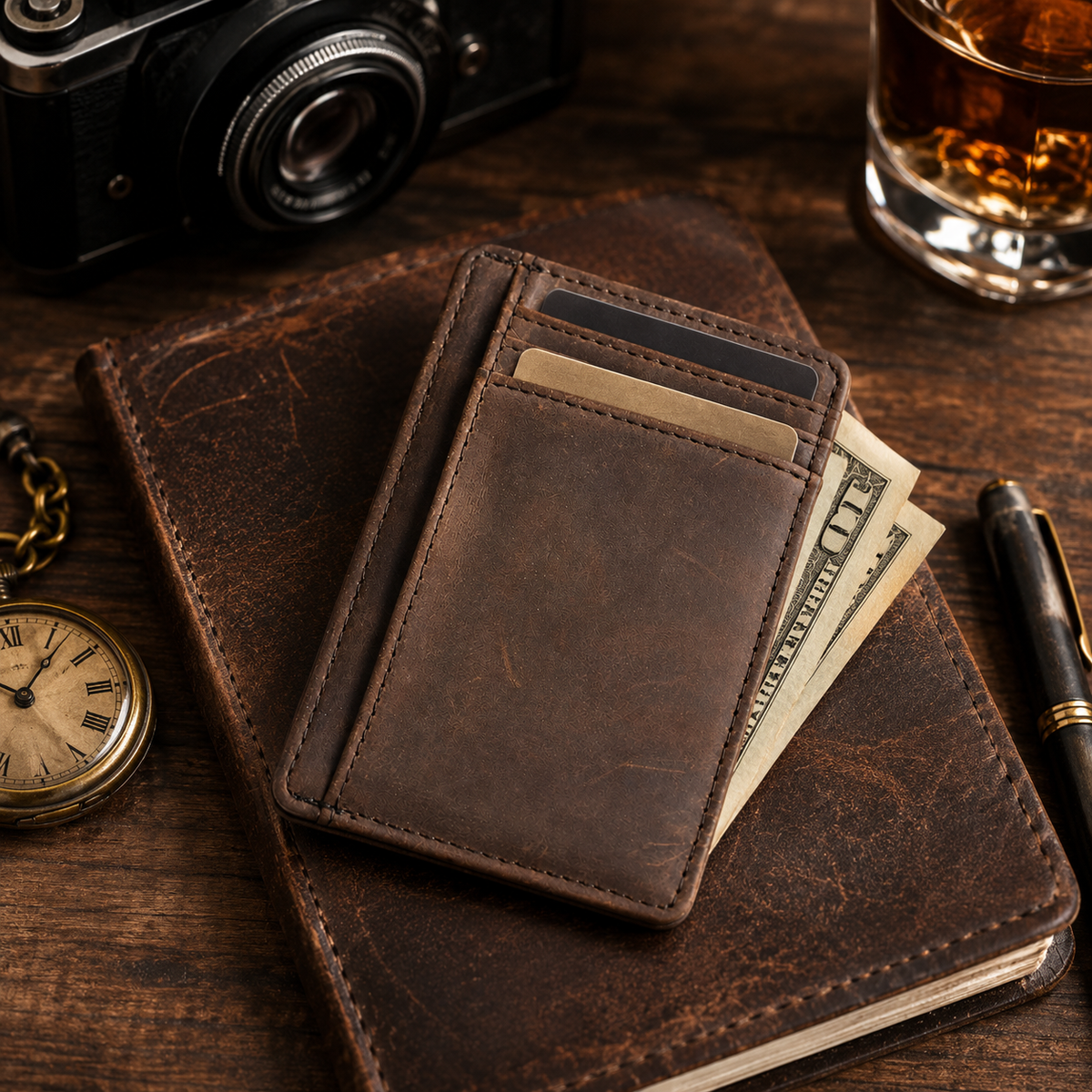 Minimalist Crazy Horse Leather RFID Front Pocket Wallet