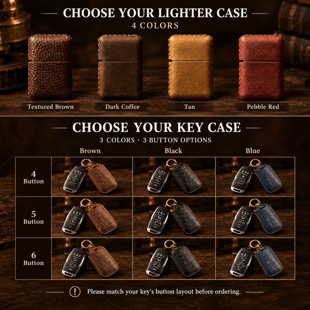 OLDMENS 2-in-1 Leather Gift Set: Handcrafted Crazy Horse Leather Key Fob Cover (4, 5, 6 Buttons) & Zippo Case for Chevy GMC Yukon