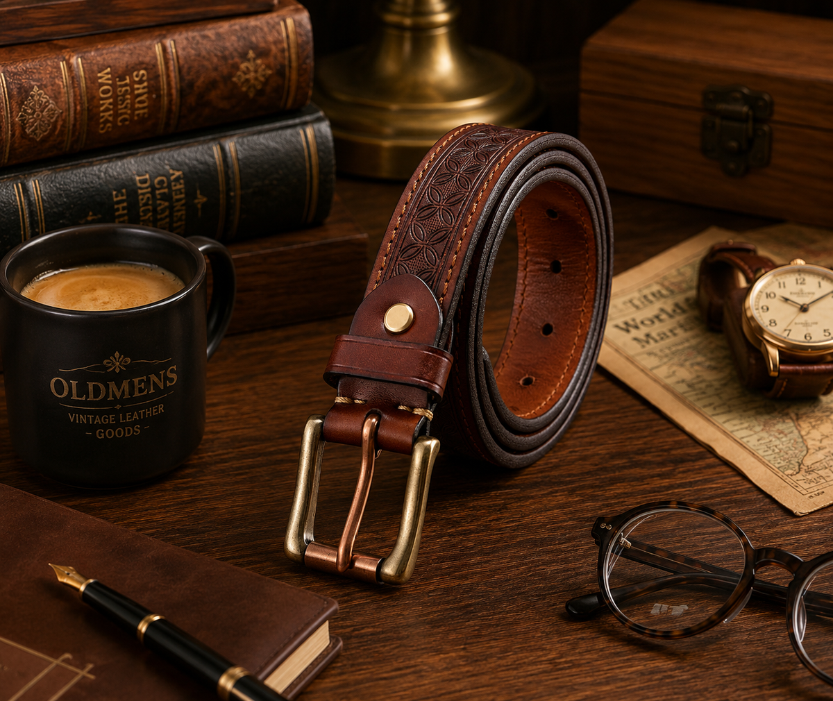 Vintage Embossed Genuine Leather Belt for Men – 1.3" Cowhide Belt with Antique Brass Buckle