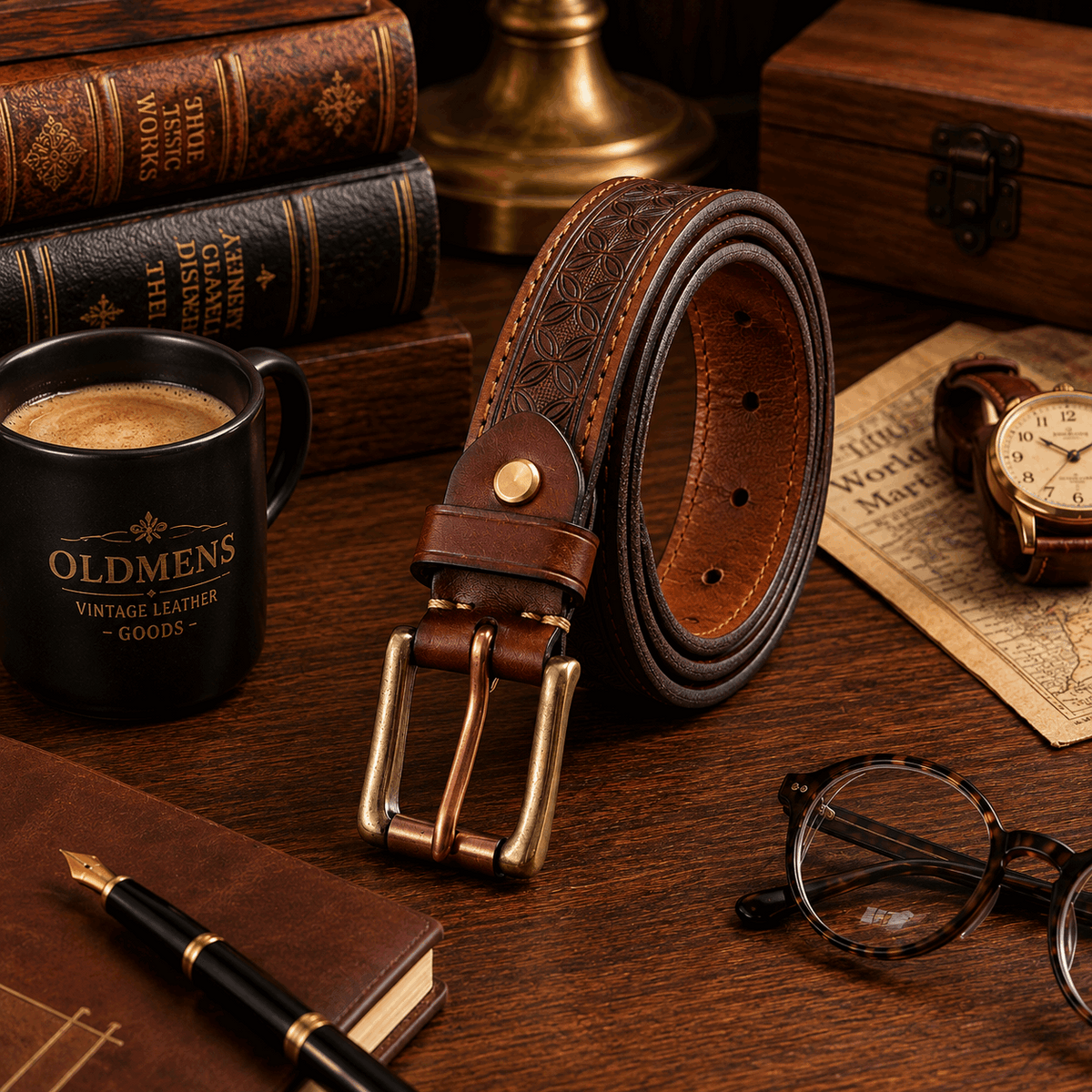 Vintage Embossed Genuine Leather Belt for Men – 1.3" Cowhide Belt with Antique Brass Buckle