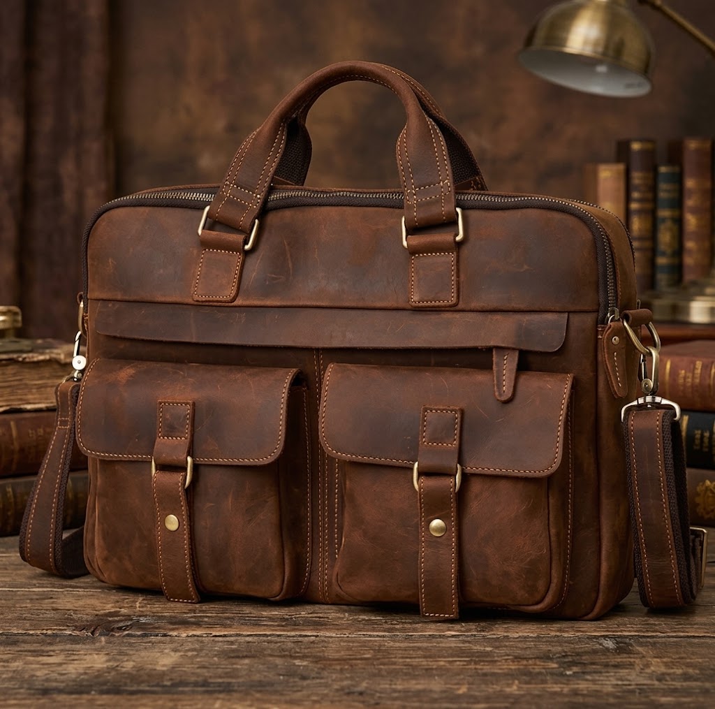 Vintage Genuine Leather Briefcase for Men – 15" Laptop Business Bag