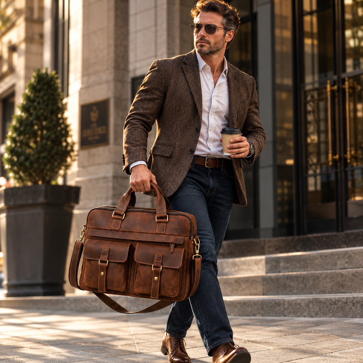 Vintage Genuine Leather Briefcase for Men – 15" Laptop Business Bag