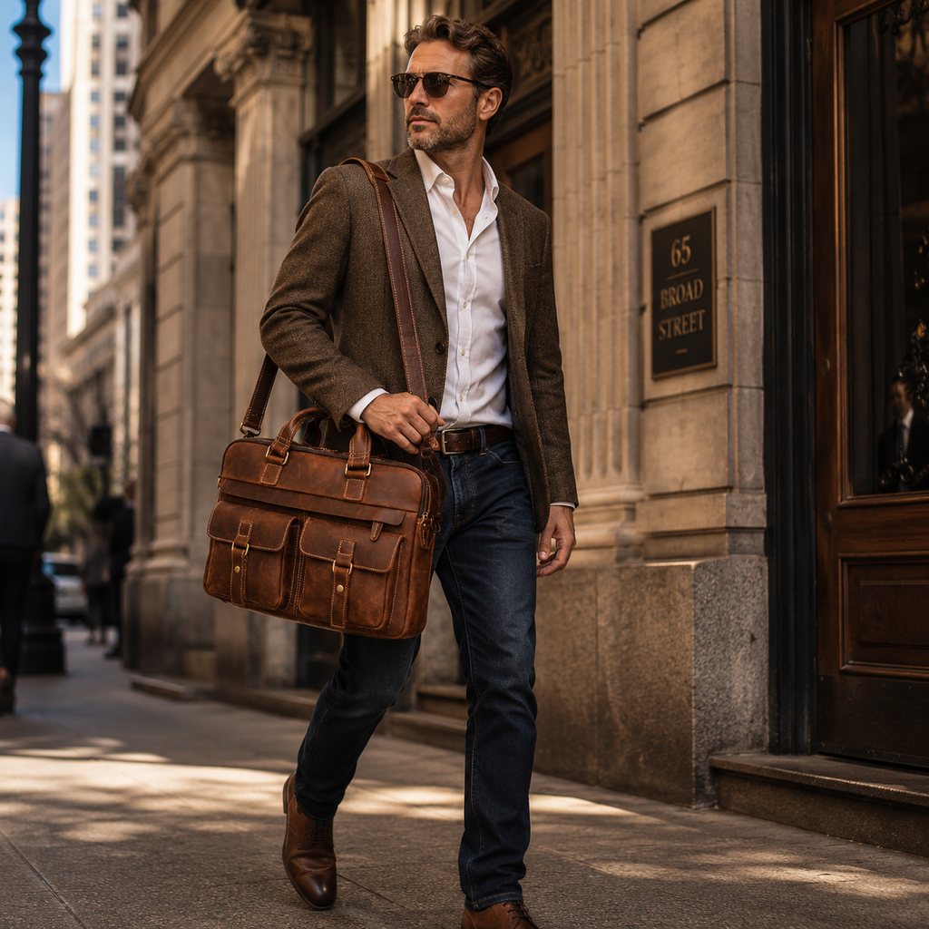 Vintage Genuine Leather Briefcase for Men – 15" Laptop Business Bag