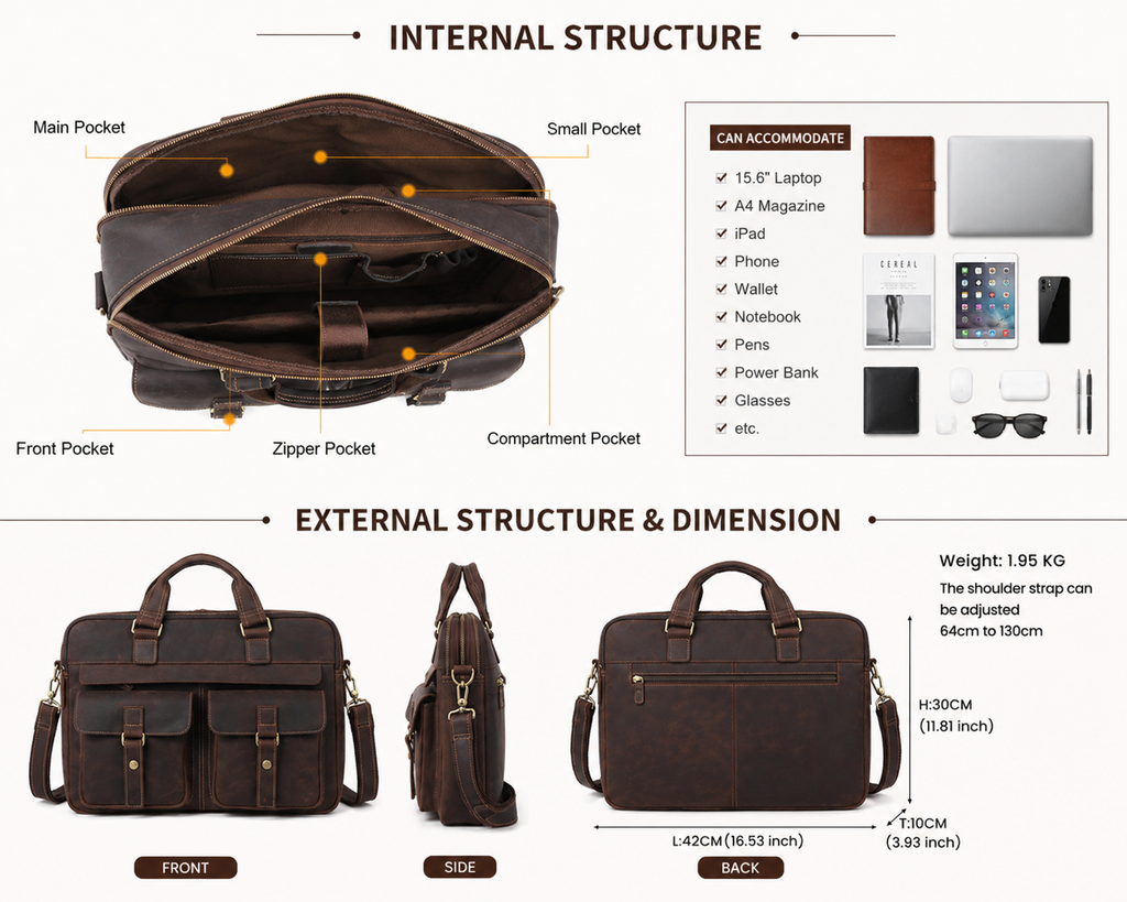 Vintage Genuine Leather Briefcase for Men – 15" Laptop Business Bag