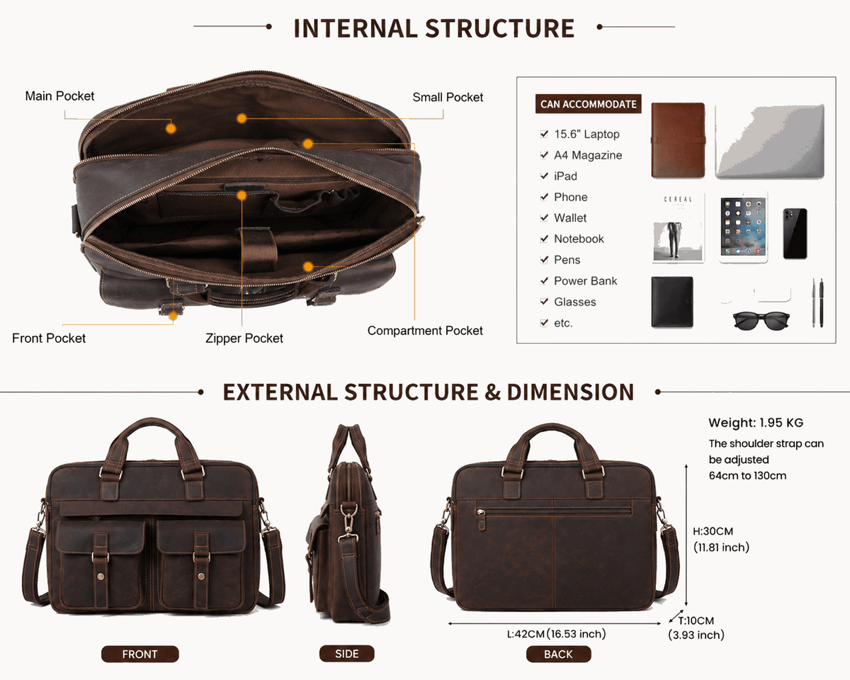 Vintage Genuine Leather Briefcase for Men – 15" Laptop Business Bag