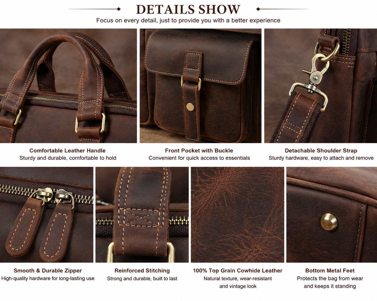 Vintage Genuine Leather Briefcase for Men – 15" Laptop Business Bag