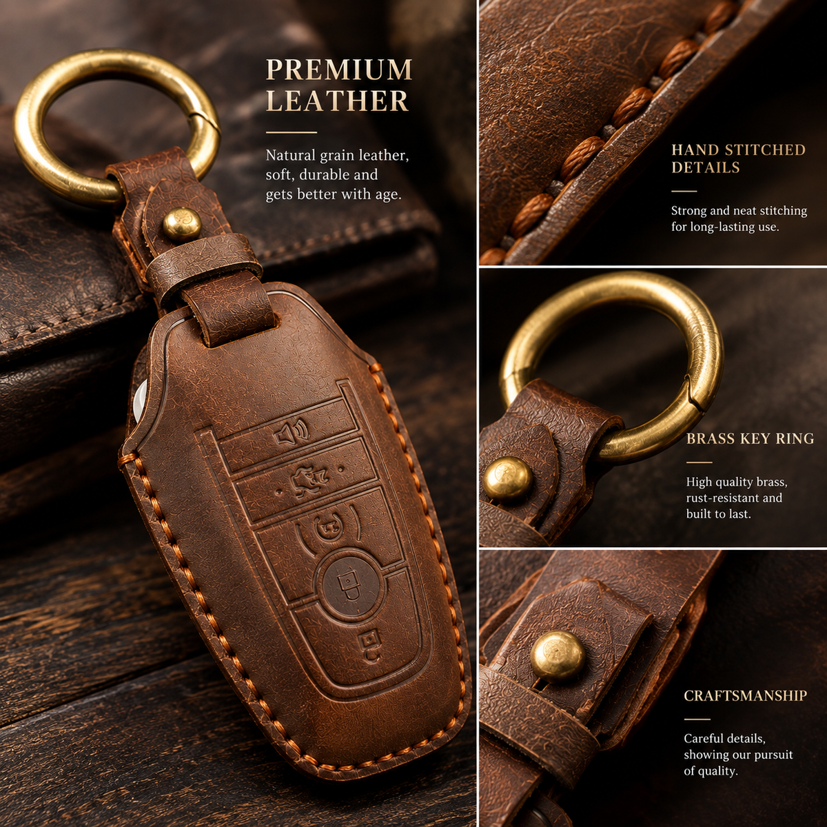 Handcrafted Genuine Leather Key Fob Cover for Ford F-150, Bronco, Explorer (2021-2025)