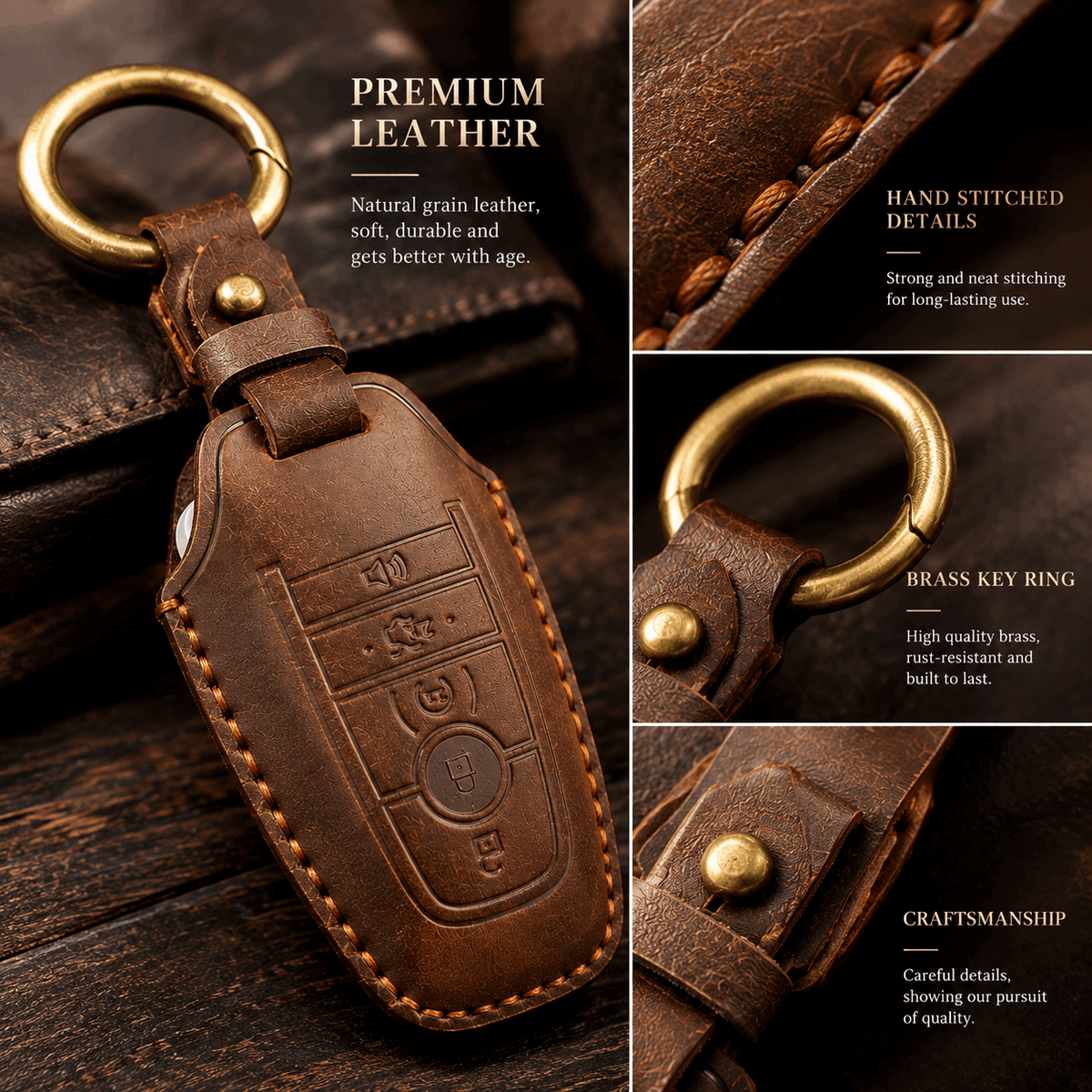Handcrafted Genuine Leather Key Fob Cover for Ford F-150, Bronco, Explorer (2021-2025)