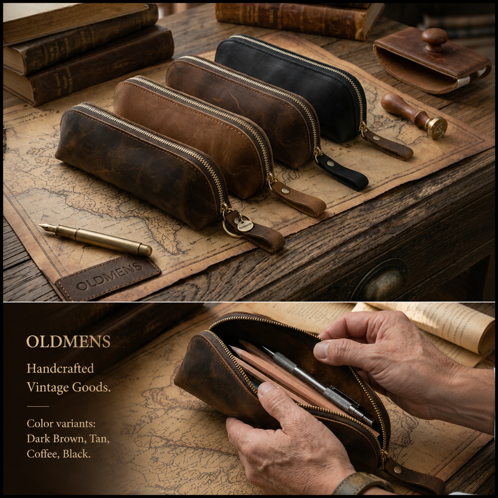 Vintage Genuine Leather Pencil Case - Handmade Retro Crazy Horse Leather Pen Pouch & Zipper Organizer