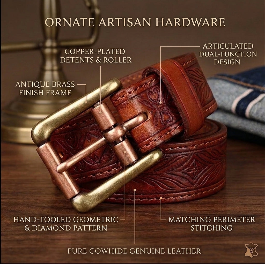 Vintage Embossed Genuine Leather Belt for Men – Western Style with Retro Brass-Tone Buckle