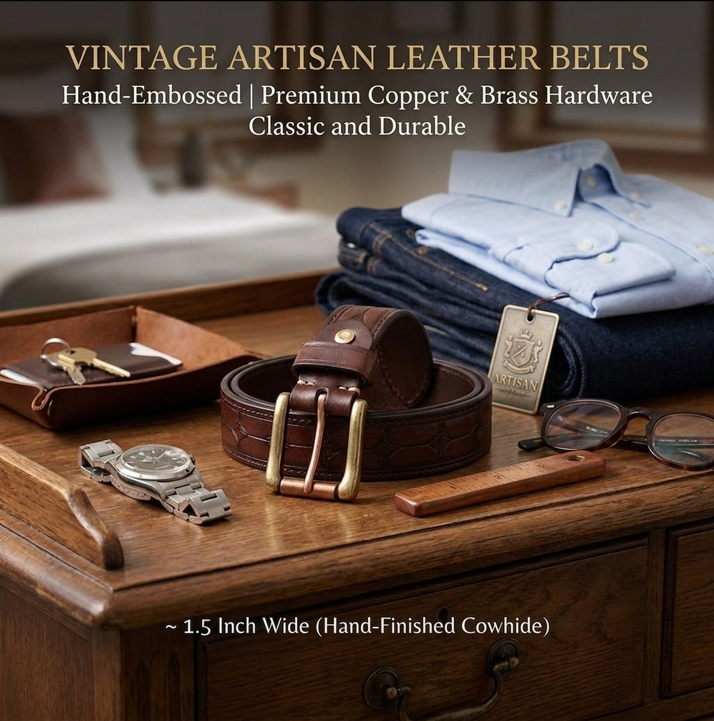 Vintage Embossed Genuine Leather Belt for Men – Western Style with Retro Brass-Tone Buckle