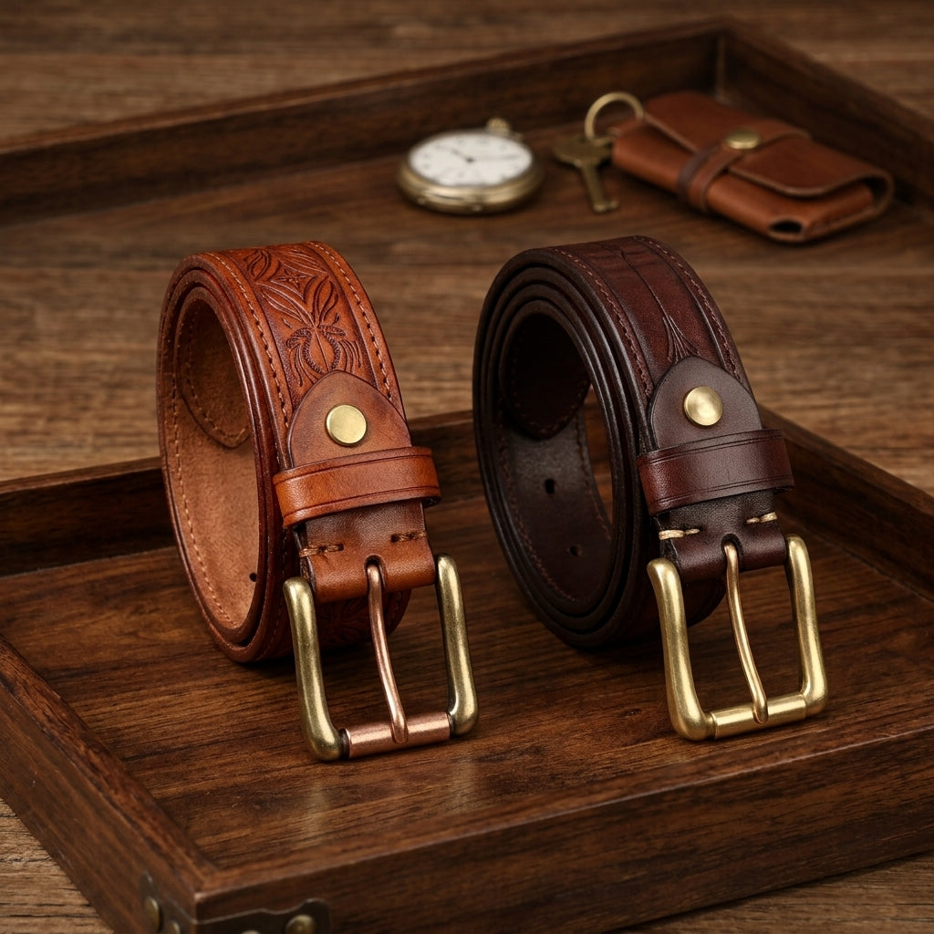 Vintage Embossed Genuine Leather Belt for Men – Western Style with Retro Brass-Tone Buckle