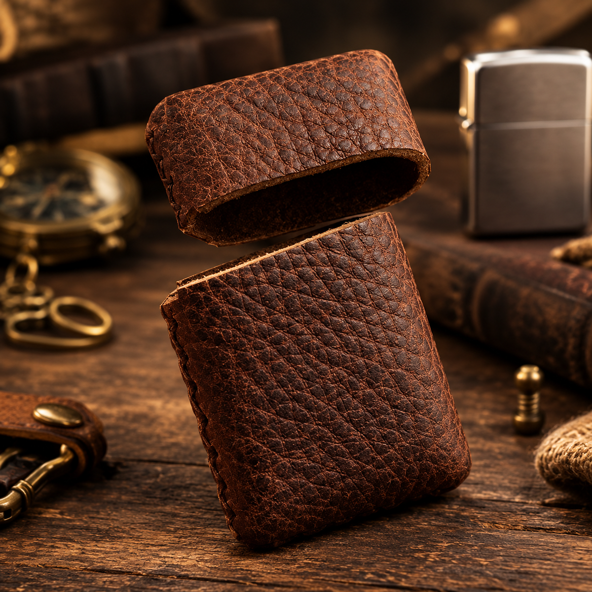 Vintage Crazy Horse Leather Lighter Case – Handmade Sleeve for Standard-Size Lighters