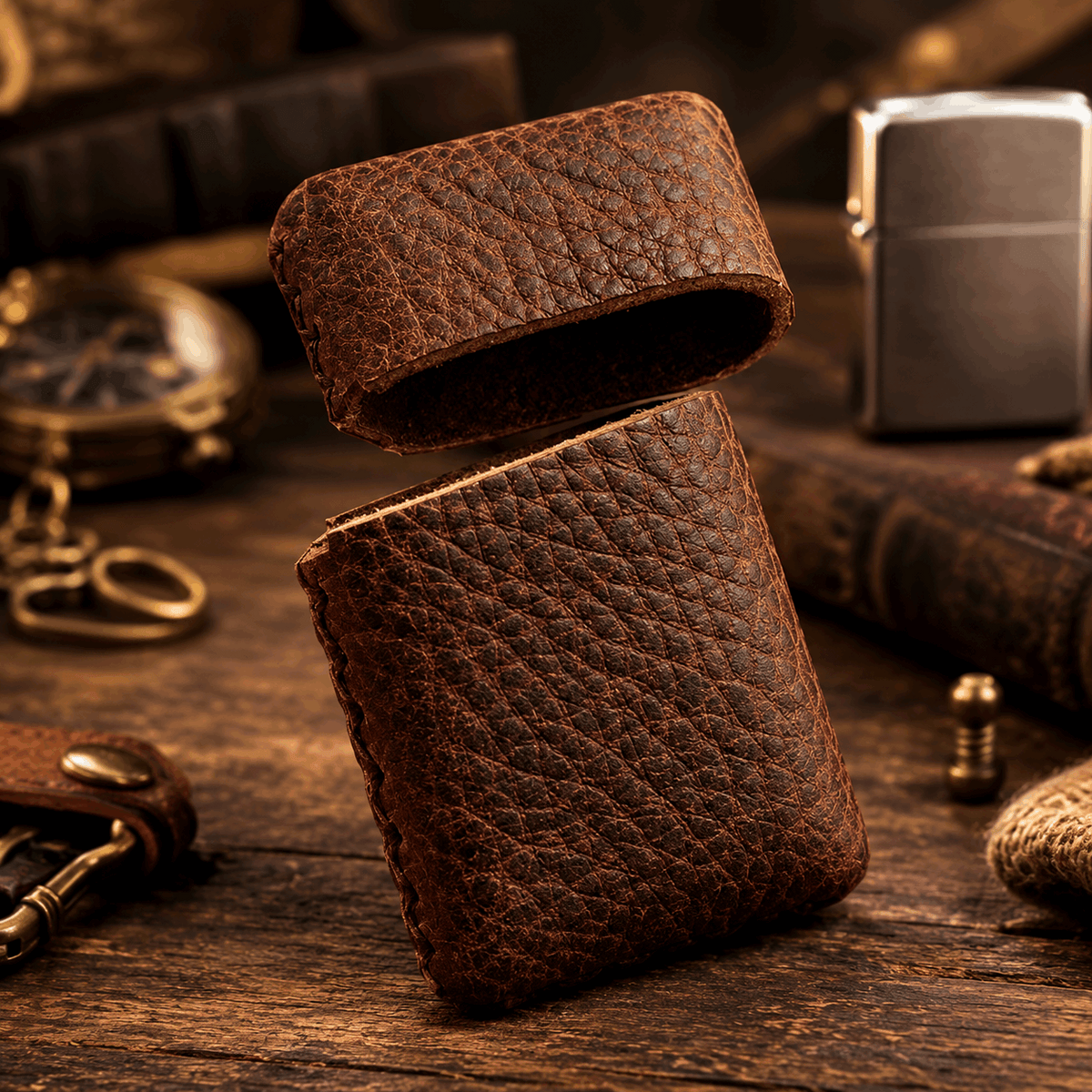 Vintage Crazy Horse Leather Lighter Case – Handmade Sleeve for Standard-Size Lighters