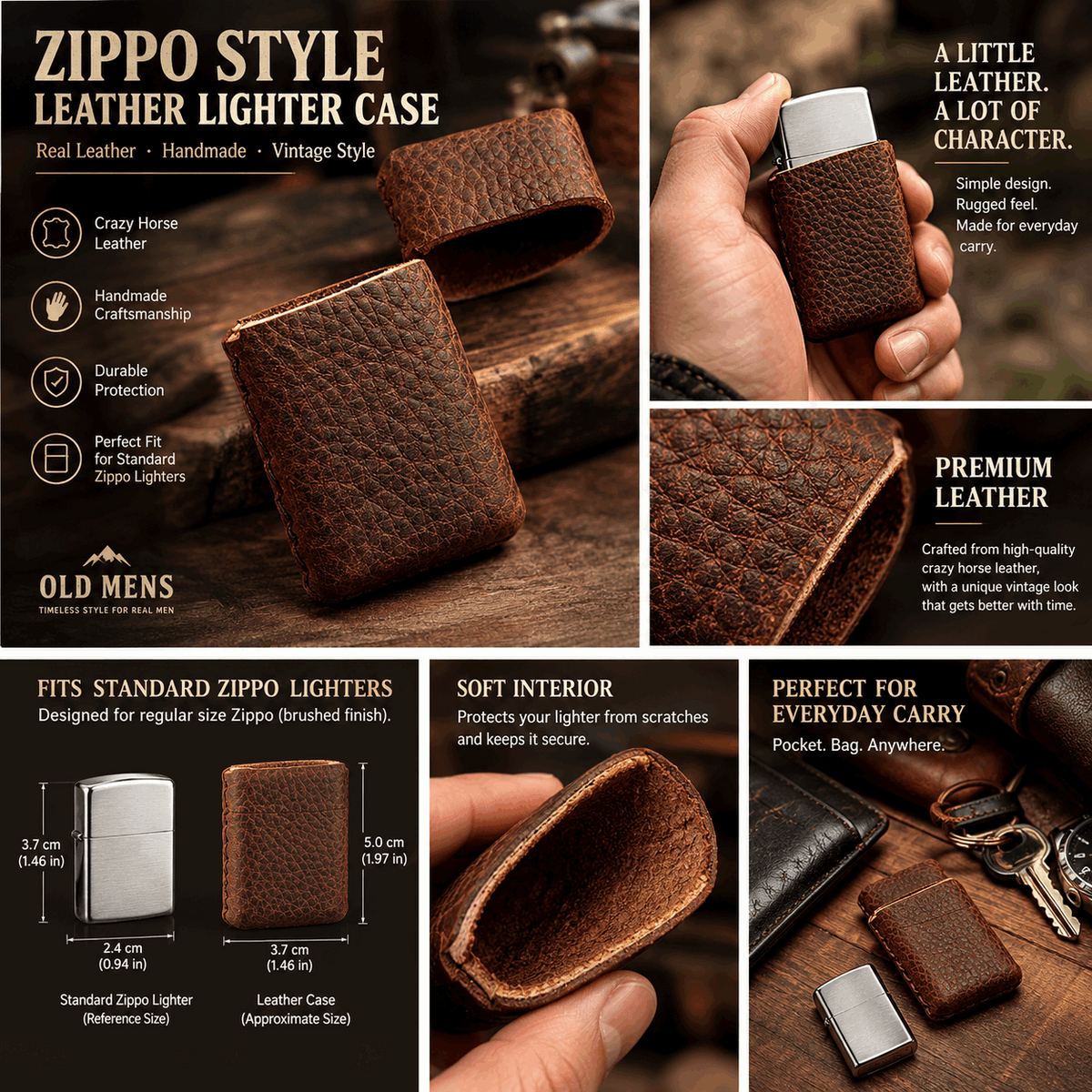 Vintage Crazy Horse Leather Lighter Case – Handmade Sleeve for Standard-Size Lighters