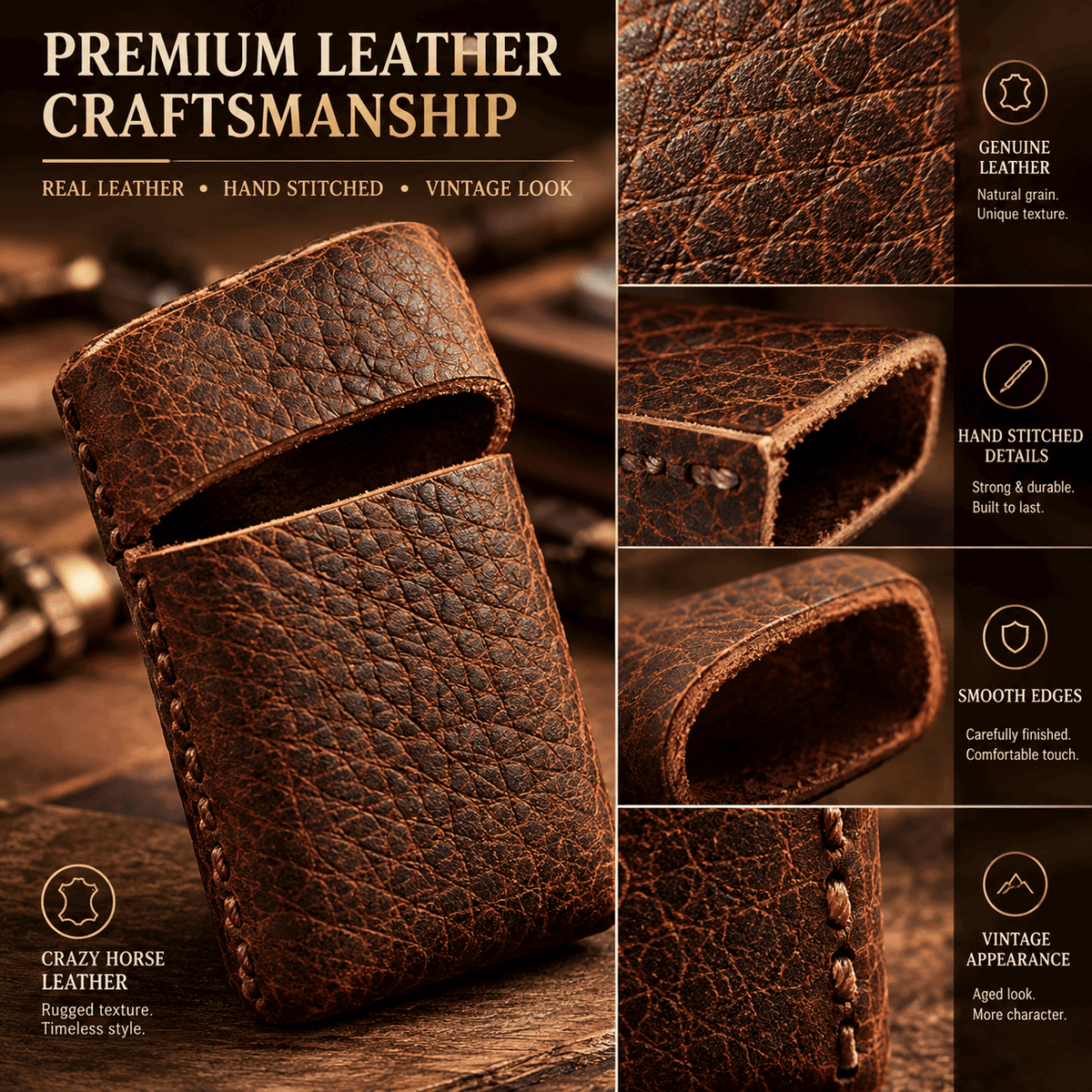 Vintage Crazy Horse Leather Lighter Case – Handmade Sleeve for Standard-Size Lighters