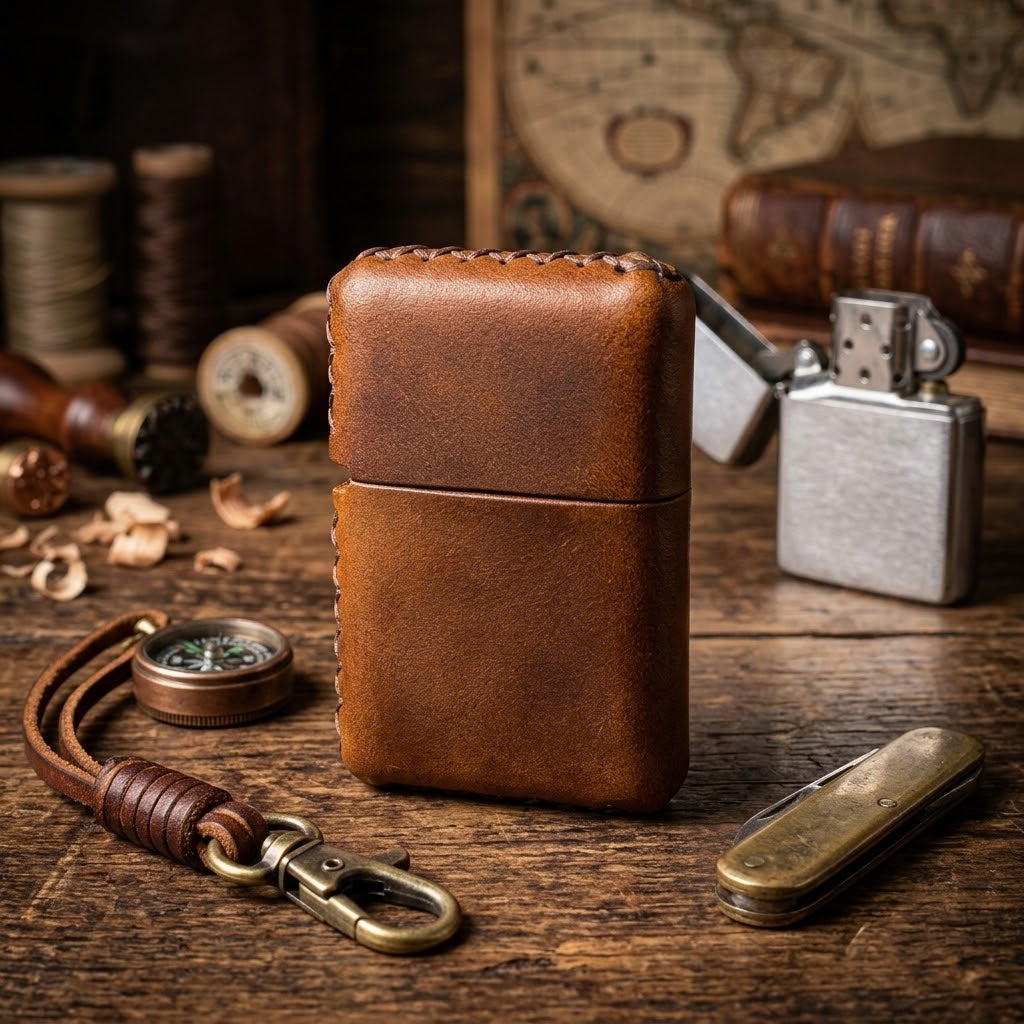 Vintage Crazy Horse Leather Lighter Case – Handmade Sleeve for Standard-Size Lighters