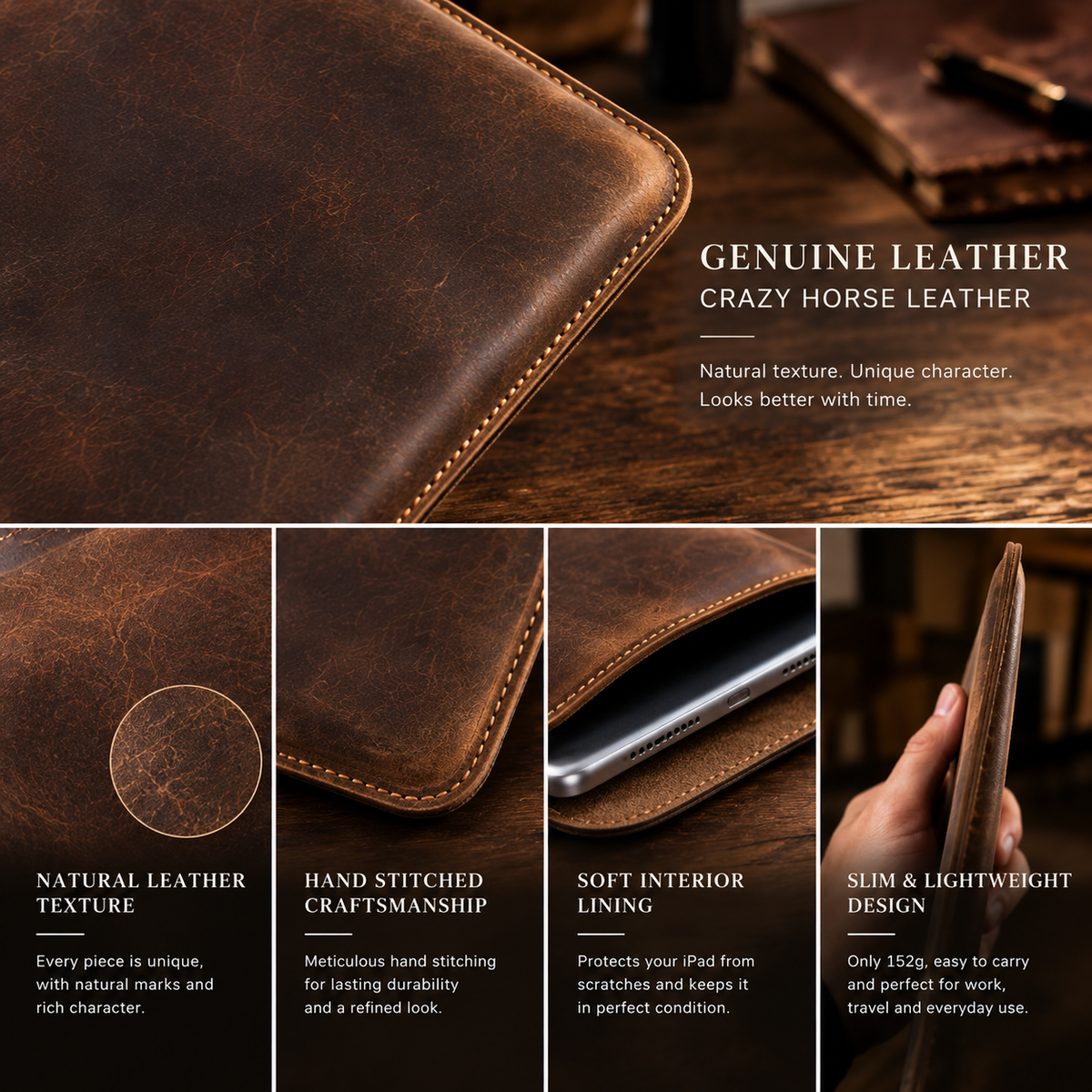 Handmade Genuine Leather iPad Sleeve – Vintage Crazy Horse Leather Case