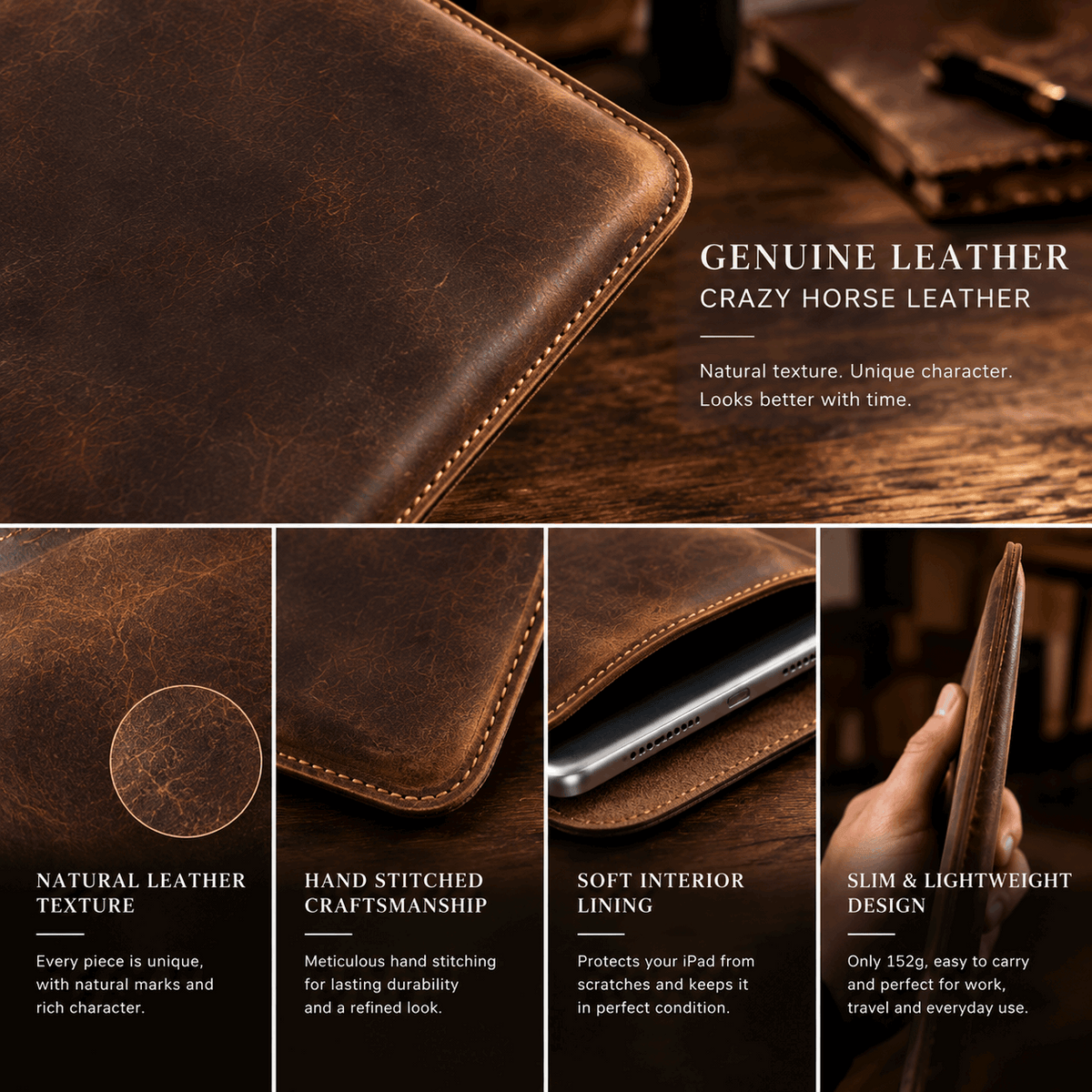Handmade Genuine Leather iPad Sleeve – Vintage Crazy Horse Leather Case