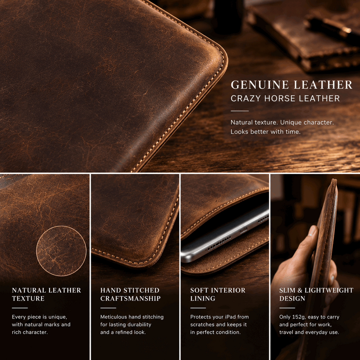 Handmade Genuine Leather iPad Sleeve – Vintage Crazy Horse Leather Case