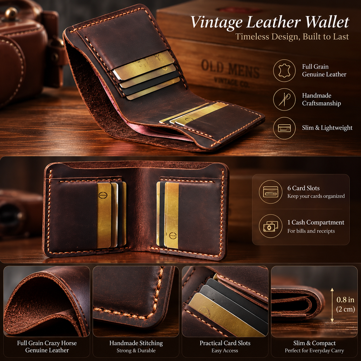 Handmade Vintage Full Grain Crazy Horse Leather Wallet for Men